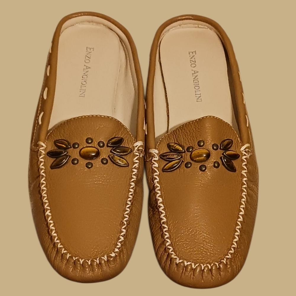 Enzo Angiolini Shoes Tan Moccasin Style Mules Women's Size 6.5M Like New.